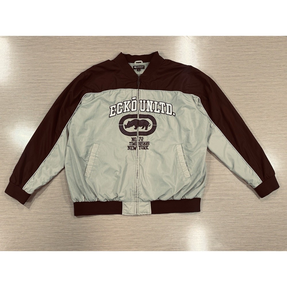Vintage Y2K Ecko Unlimited 2XL Brown Windbreaker bomber jacket Streetwear Urban‎